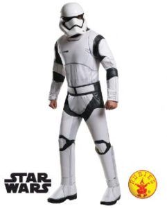 Stormtrooper costume in white and black, standing with arms at sides.