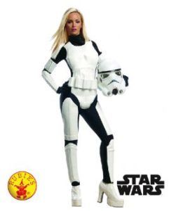 Woman in a White and Black Stormtrooper Costume Holding Helmet, Wearing Platform Heels — Costumes Galore in Maroochydore, QLD