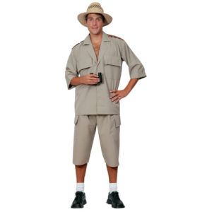 Man in Khaki Safari Outfit Holding Binoculars, Wearing a Hat — Costumes Galore in Maroochydore, QLD