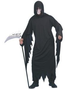 Grim Reaper in Black Hooded Robe Holding a Scythe — Costumes Galore in Maroochydore, QLD