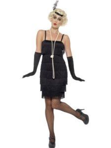 Woman in Flapper Costume, Black Dress, Gloves, Pearls, and Wig With Headpiece