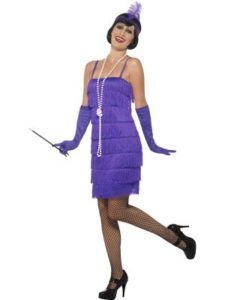 Woman in Purple Flapper Dress, Holding Cigarette Holder, Wearing Gloves, Heels, and Headband With Feather