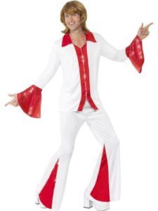 Man in White and Red 70s Disco Costume, Pointing With Both Hands, Smiling — Costumes Galore in Maroochydore, QLD