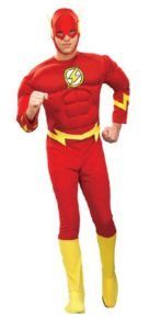 Man in a Flash Costume, Red Suit With Yellow Accents, Running Pose — Costumes Galore in Maroochydore, QLD