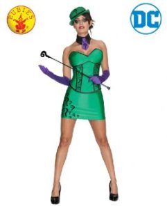 Woman in Riddler Costume, Green Dress, Purple Gloves, Holding a Cane — Costumes Galore in Maroochydore, QLD