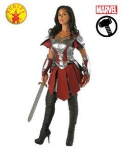 Woman in Marvel Warrior Costume, Holding Sword, Red and Silver Armor — Costumes Galore in Maroochydore, QLD