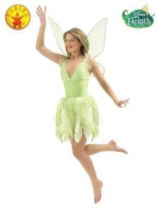 Woman in Green Fairy Costume With Wings, Smiling, Arm Raised, and Leg Up — Costumes Galore in Maroochydore, QLD