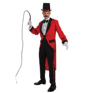 Man in Red and Black Ringmaster Costume Holding Whip — Costumes Galore in Maroochydore, QLD