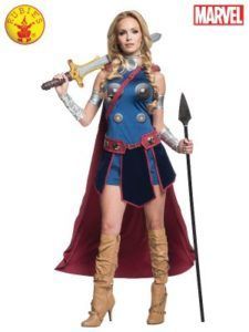 Woman in a Thor-inspired Costume, Holding Sword and Spear, With Red Cape — Costumes Galore in Maroochydore, QLD