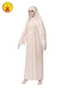 Woman in a White Nun Costume With a Cross, Gloves, and Hood — Costumes Galore in Maroochydore, QLD