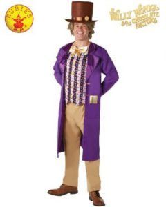 Man in a Willy Wonka Costume: Purple Coat, Brown Top Hat, Beige Pants, and Brown Shoes — Costumes Galore in Maroochydore, QLD