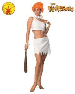Woman in Wilma Flintstone Costume Holding Club, White Outfit, Orange Wig — Costumes Galore in Maroochydore, QLD