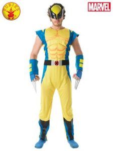 Man in Wolverine Costume: Yellow and Blue Jumpsuit, Mask, Claws Extended — Costumes Galore in Maroochydore, QLD