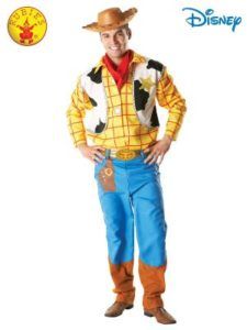 Man in a Woody Costume From Toy Story, Wearing a Yellow Shirt, Vest, Blue Pants — Costumes Galore in Maroochydore, QLD