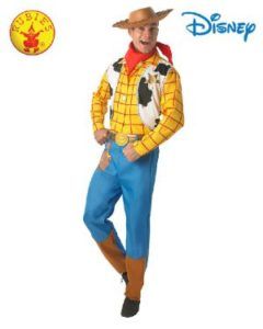 Man in Woody Costume, Smiling. Yellow Shirt, Blue Pants, Cowboy Hat, Disney Logo — Costumes Galore in Maroochydore, QLD