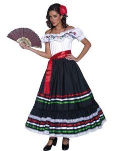 Woman in a Mexican Folklorico Dress, Holding a Fan, Standing — Costumes Galore in Maroochydore, QLD