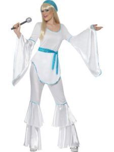 Woman in White Abba-style Costume With Microphone, Flared Sleeves, and Pants — Costumes Galore in Maroochydore, QLD