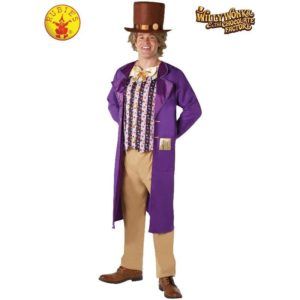 Man in Willy Wonka Costume: Purple Coat, Tan Pants, Top Hat, Bow Tie, Posing for Photo — Costumes Galore in Maroochydore, QLD