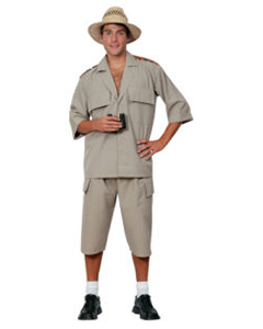 Man in Safari Costume Holding Binoculars, Tan Outfit, Hat — Costumes Galore in Maroochydore, QLD
