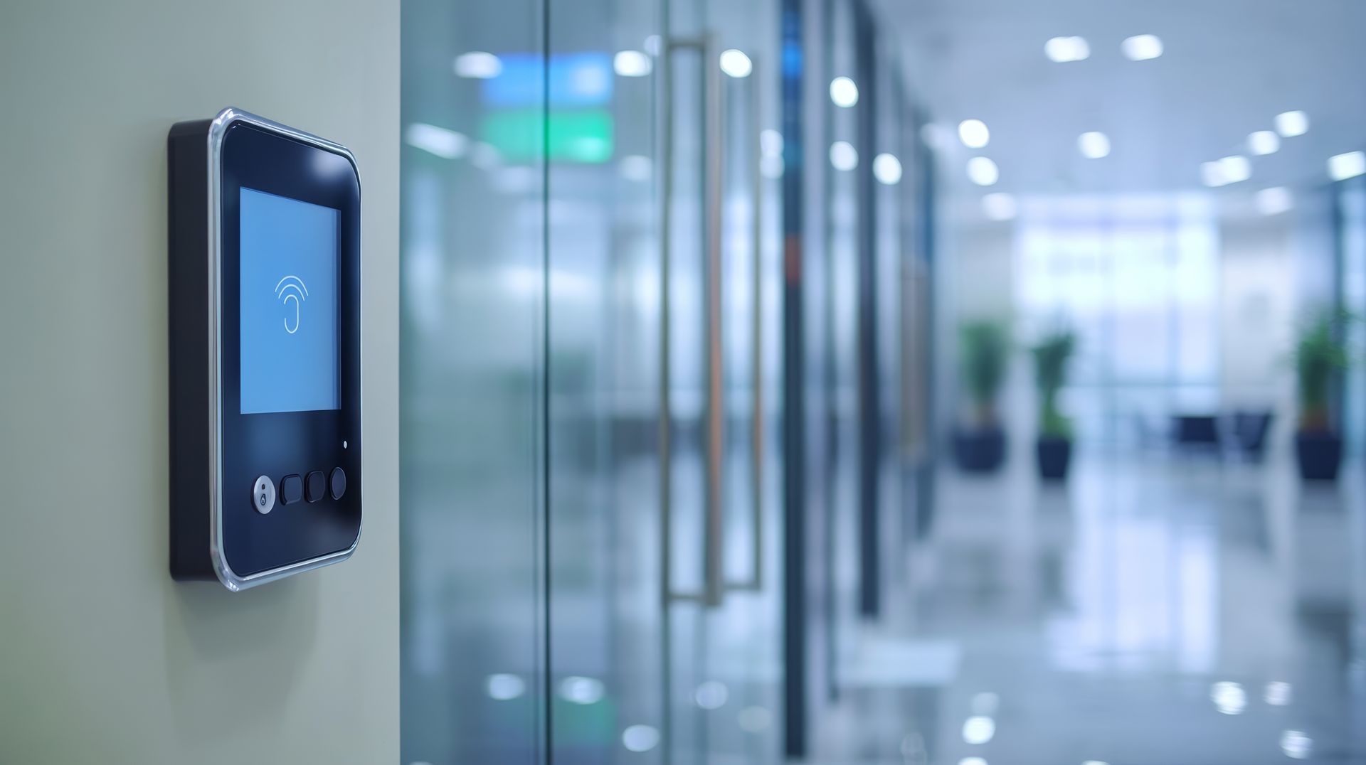 Fingerprint scanner with keypad mounted on a wall near a glass door.