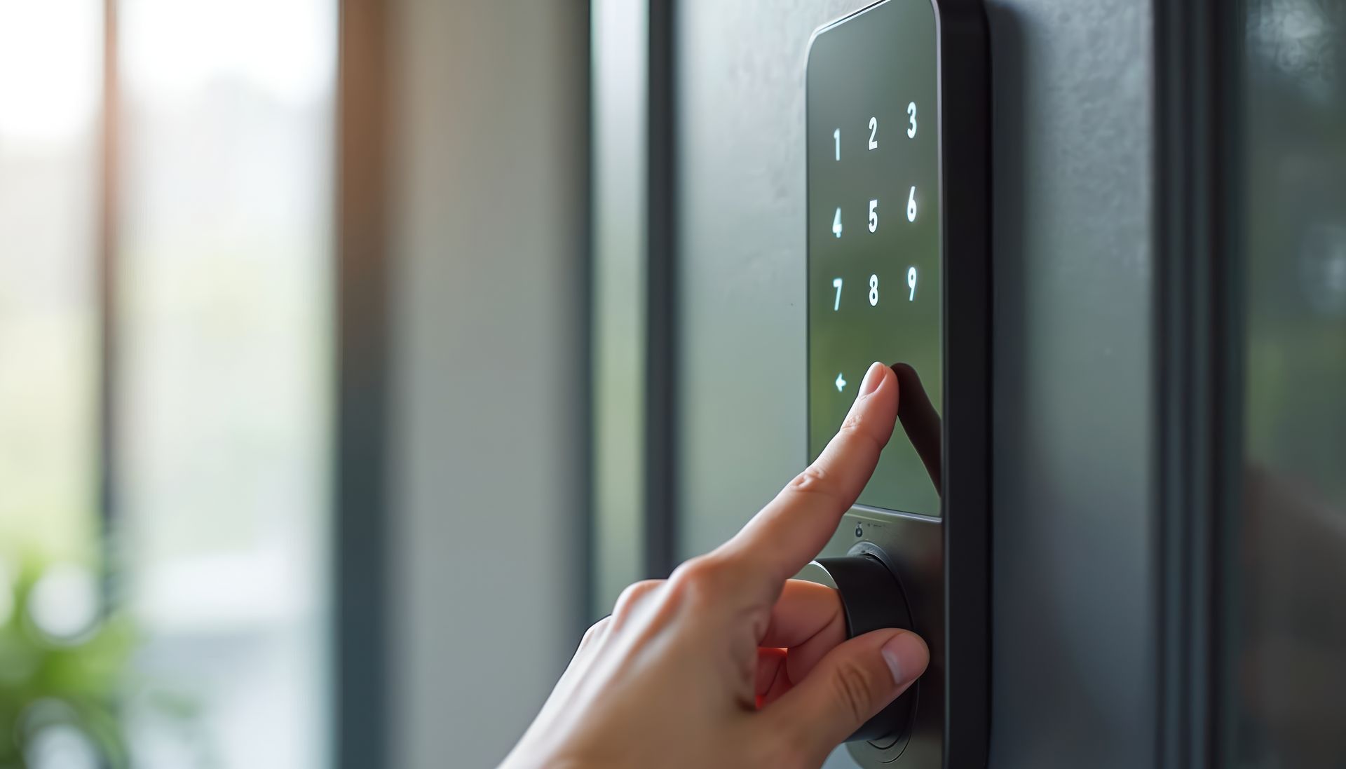 Hand pressing buttons on a keypad access control system.