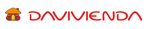 Logotipo de Davivienda, una institución financiera, que presenta un ícono de una casa de dibujos animados y texto rojo.