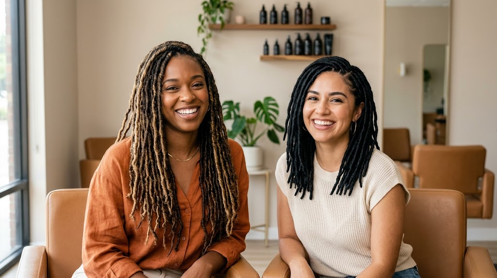 Two smiling women seated in a bright living room with shelves and plants in the background