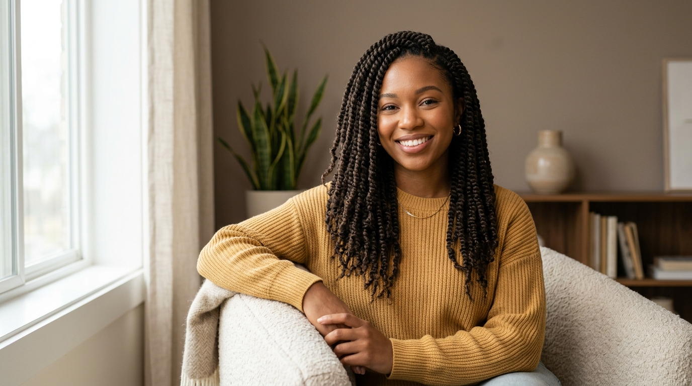 Smiling woman seated on a couch in a cozy living room, wearing a mustard sweater.