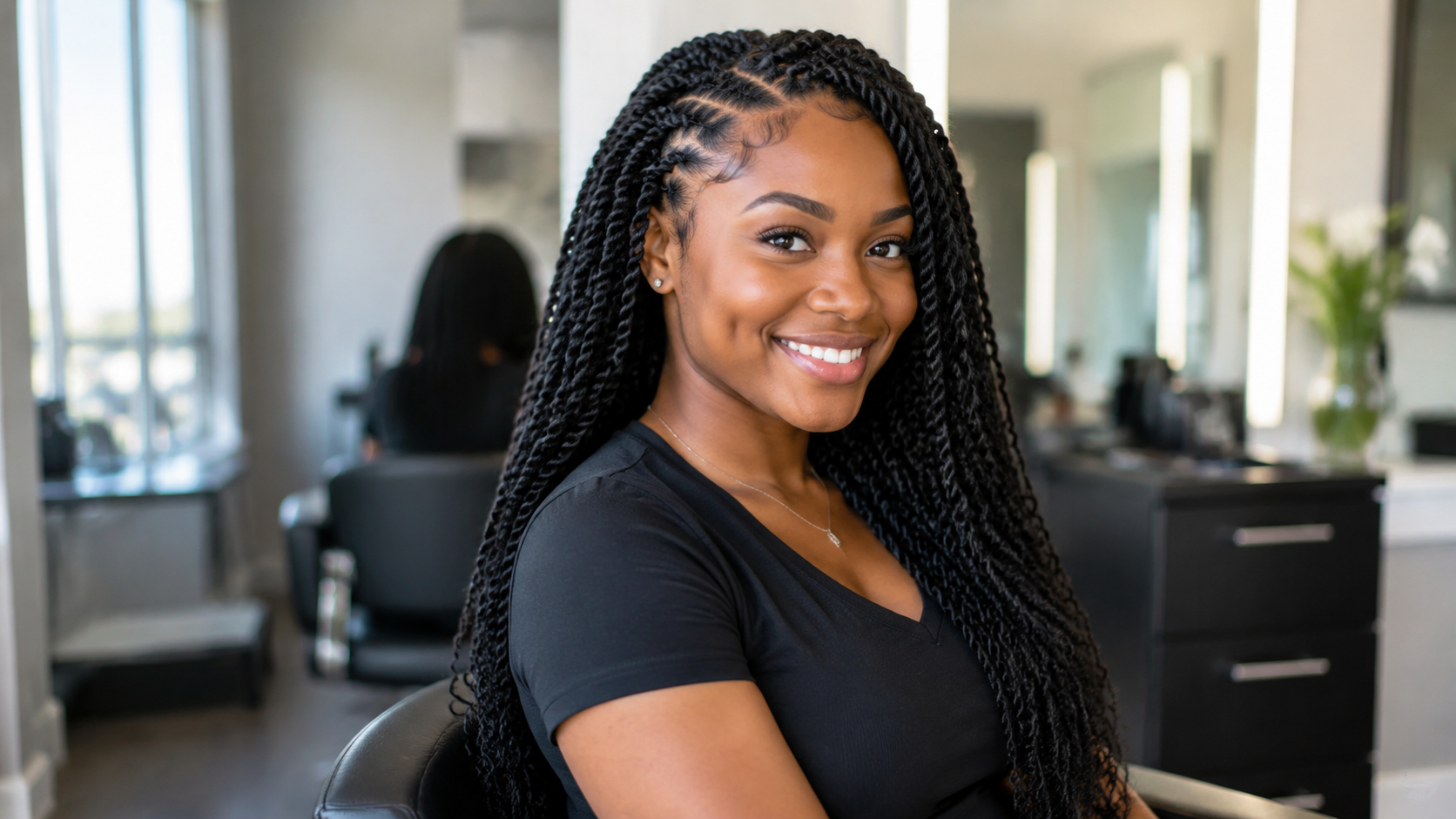 Smiling woman with long braids seated in a modern salon, wearing a black shirt.