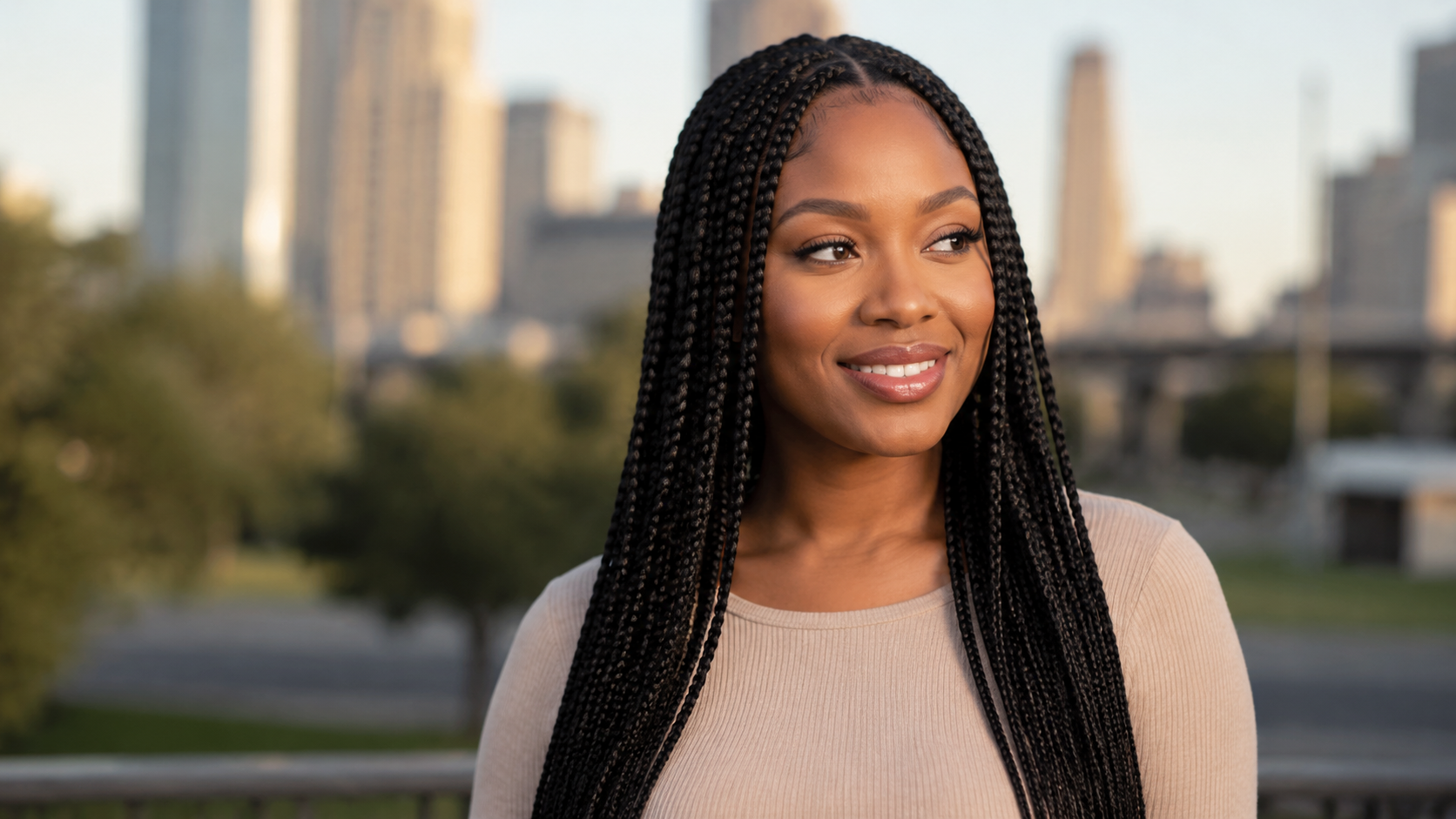 Woman with long braids smiling in a city park, with blurred buildings in the background