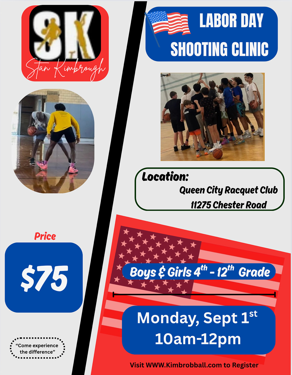 Labor Day shooting clinic flyer: Boys & Girls, 4th-12th grade. Monday, Sept 1st, 10 am-12 pm. Price: $75. Location: Queer City Racquet Club.