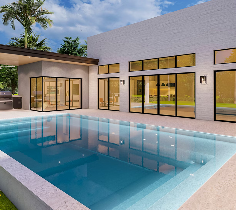 Poolside view of a modern house with a rectangular pool, clear water, and large windows.