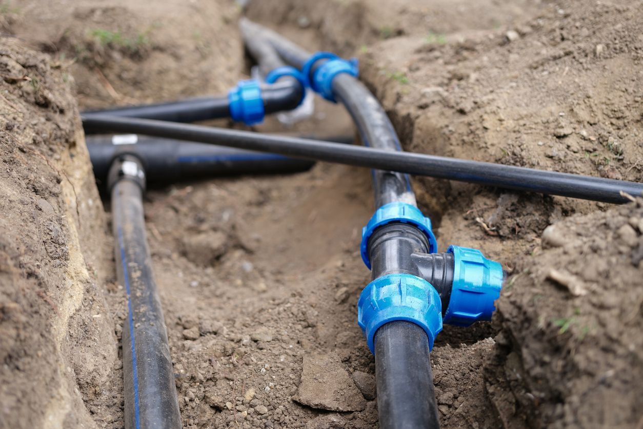 Black plastic pipes and blue connectors in an open trench, likely for irrigation or utilities.