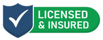Blue shield with white check mark next to a green rectangle that says