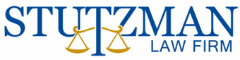 "STUTZMAN LAW FIRM" in dark blue with a gold scales of justice symbol incorporated into the "T" letter.