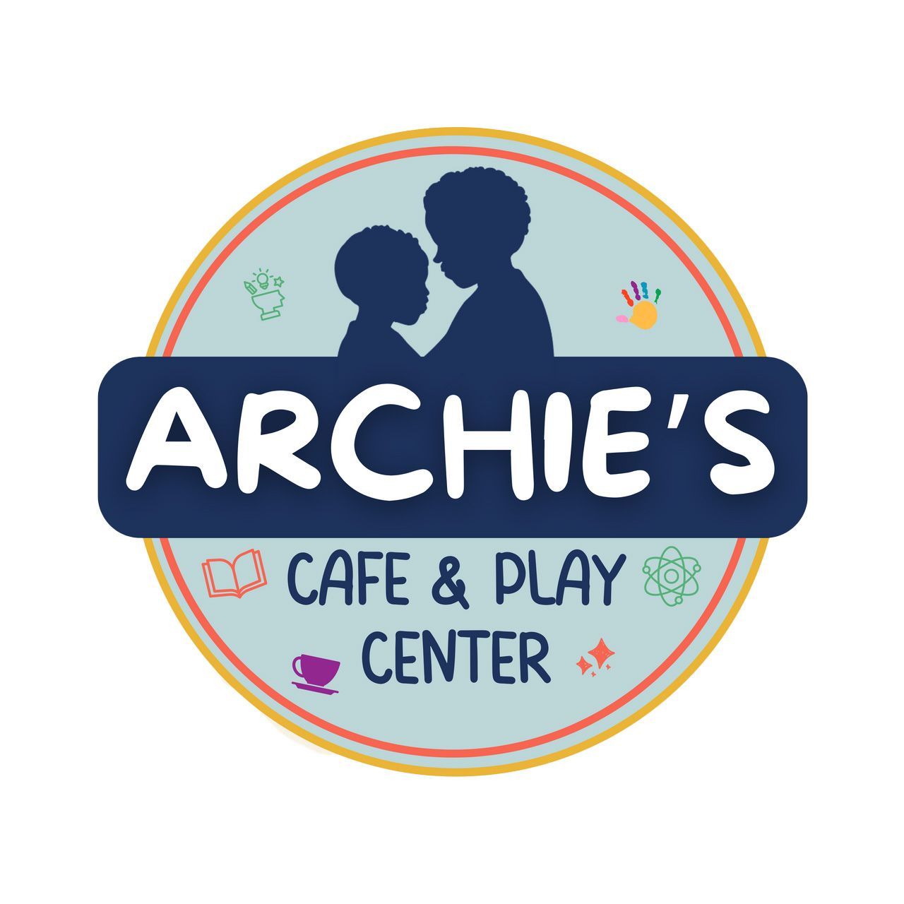 Logo for Archie's Cafe & Play Center: Two child silhouettes, blue text on a blue background, colorful icons.