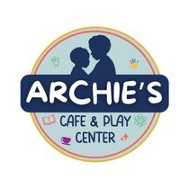 Logo for Archie's Cafe & Play Center: Two child silhouettes, blue text on a blue background, colorful icons.