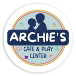 Round logo for Archie's Cafe & Play Center with child silhouettes and icons. Navy blue, white, and teal.
