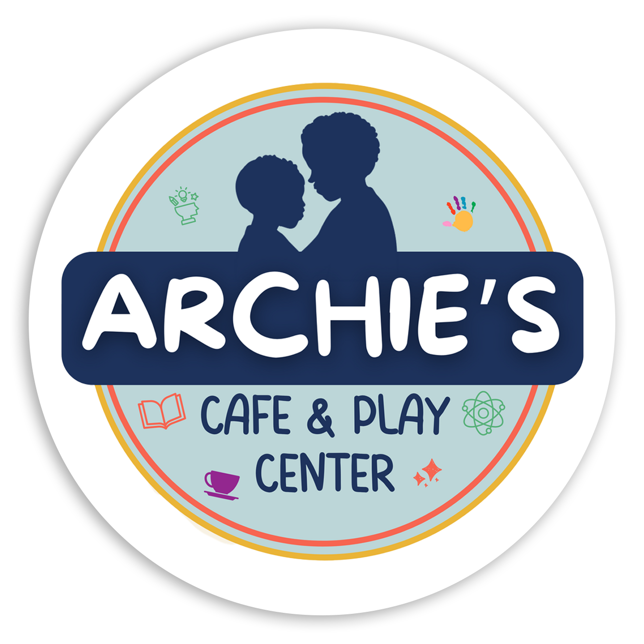 Round logo for Archie's Cafe & Play Center with child silhouettes and icons. Navy blue, white, and teal.