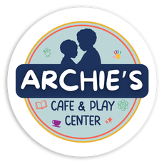 Round logo for Archie's Cafe & Play Center with child silhouettes and icons. Navy blue, white, and teal.