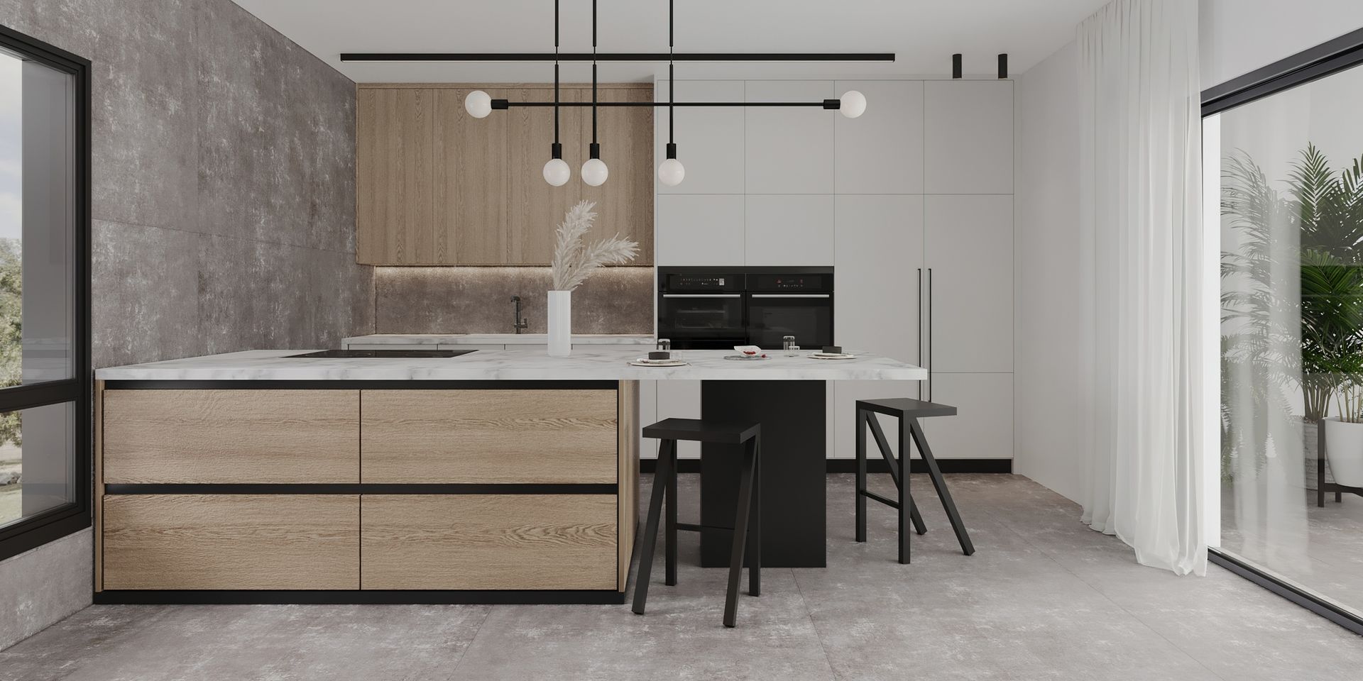 מטבח מעוצב בשילוב עץ חם, המעניק אווירה חמימה ומזמינה