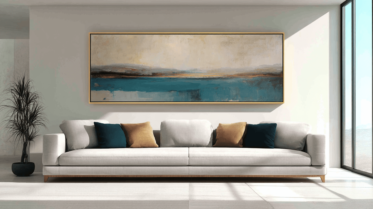 דוגמה לעיצוב סינרגי בסלון מודרני: קיר גלריה בגוונים ניטרליים עם תמונה אנכית מרכזית. הצבע הטורקיז/כחו