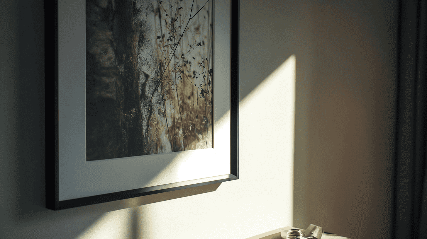 הדגמה לתאורה נכונה של תמונה: צילום תקריב של תמונה ממוסגרת במסגרת שחורה דקה עם פספרטו, המוארת באור טבעי מכוון ליצירת דרמה והבלטת הפרטים.