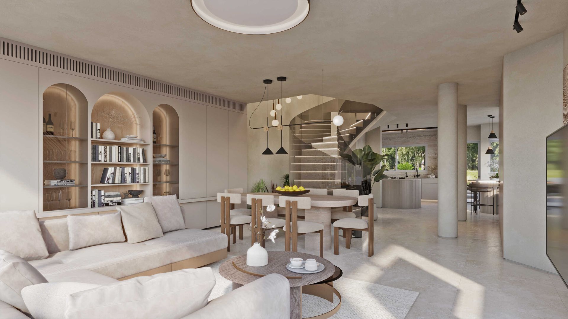 עיצוב-פנים-בית-פרטי-בראשון-לציון-חלל-מגורים-פתוח-וספריית-עץ