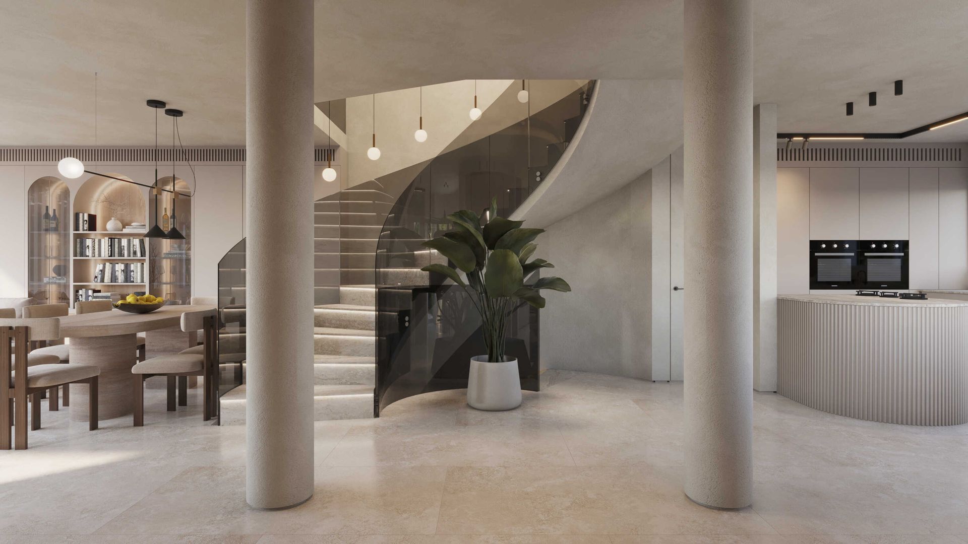 עיצוב-מדרגות-פנים-עם-מעקה-זכוכית-מעוקל-בשיפוץ-בית-פרטי