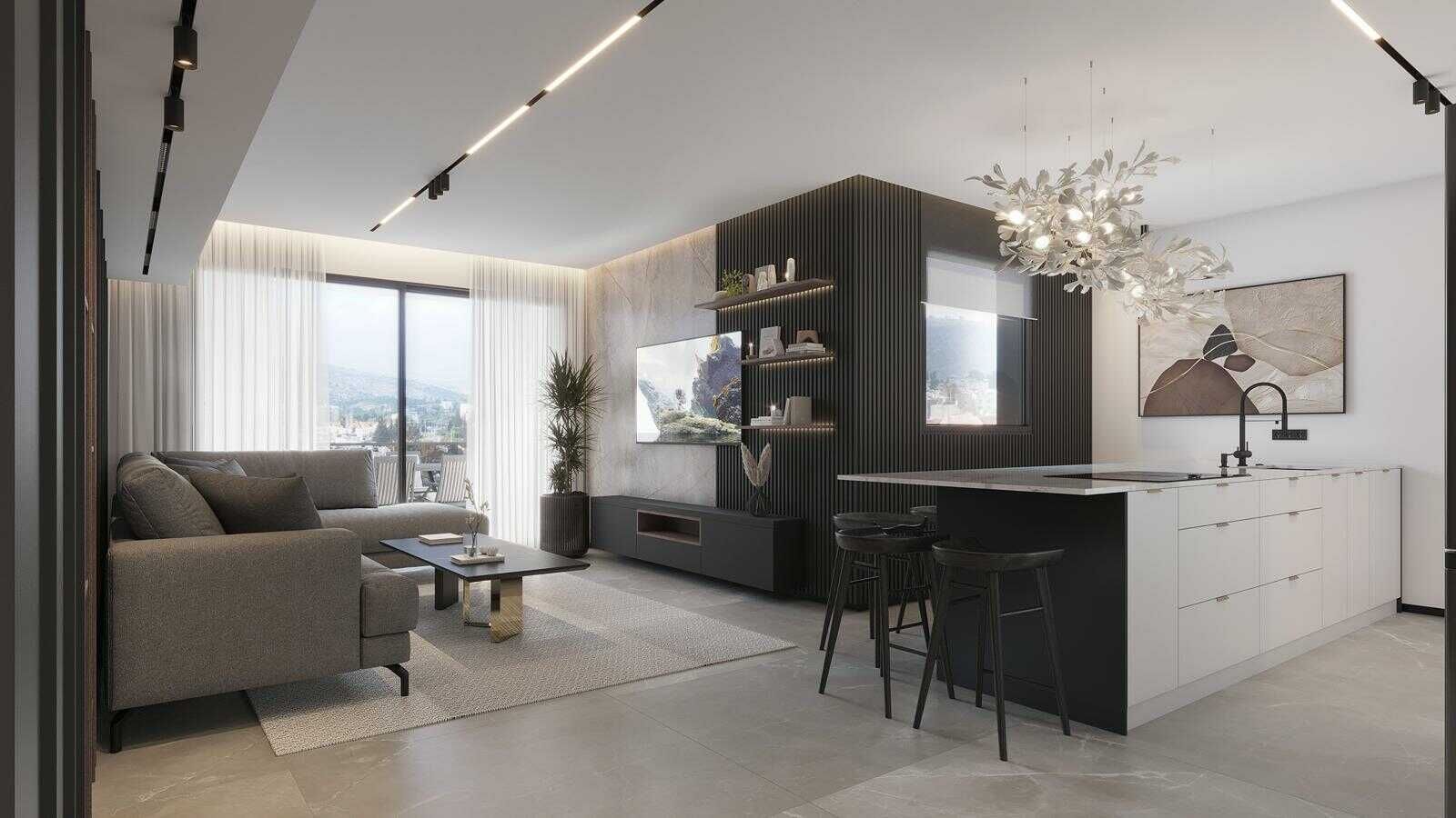 סלון מודרני עם ספת L מעוצבת ותאורת אווירה נסתרת, עיצוב פנים יוקרתי.