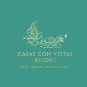 A logo for casas con vistas resort with flowers on a green background