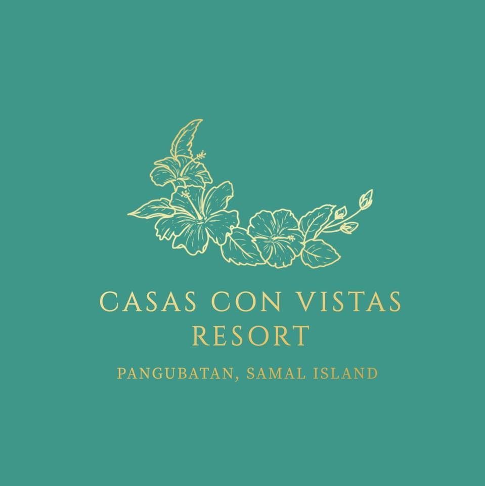 A logo for casas con vistas resort with flowers on a green background