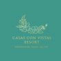 A logo for casas con vistas resort with flowers on a green background