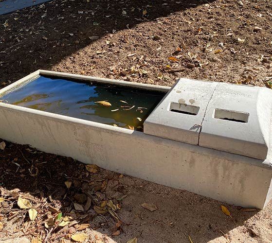 A Concrete Container Filled With Water is Sitting in the Dirt — Graham's Precast Concrete Products Pty Ltd in Kyogle, NSW